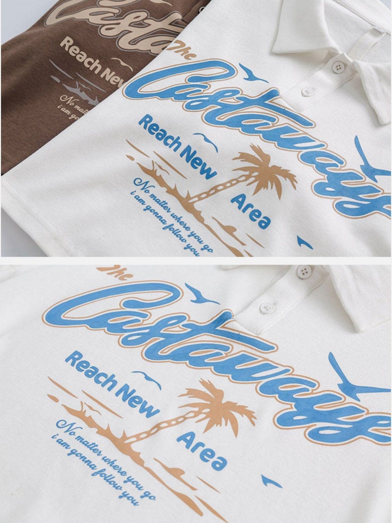 T Shirts Aelfric Eden Beach Coconut Tree Print Polo Tee Blanche | SWW-97590747